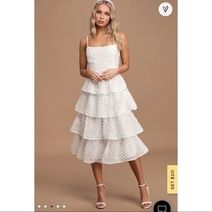 Lulu’s Flirting with You White Tiered Pom Pom Midi Dress, Medium